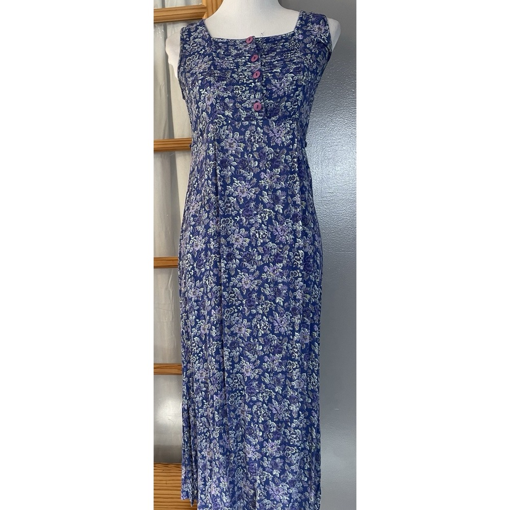 Vtg 80s Boho Floral Maxi Dress Sz S Purple Pintuck Tie Back Beach Cottagecore